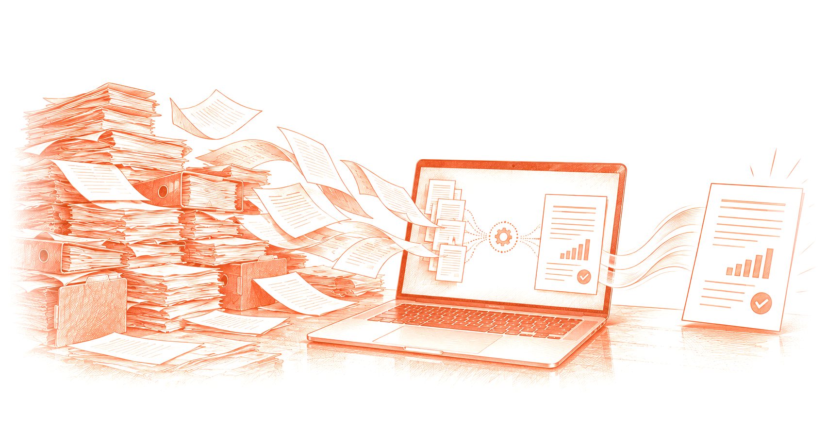 A pile of paper files flowing into a laptop and coming out as one approved report